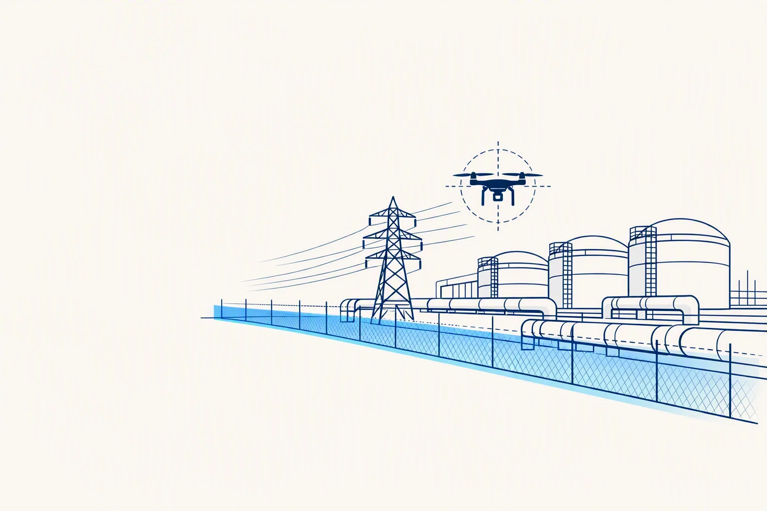 Line illustration of an industrial site with tanks and pylon, a drone at the fence inside a blue perimeter band